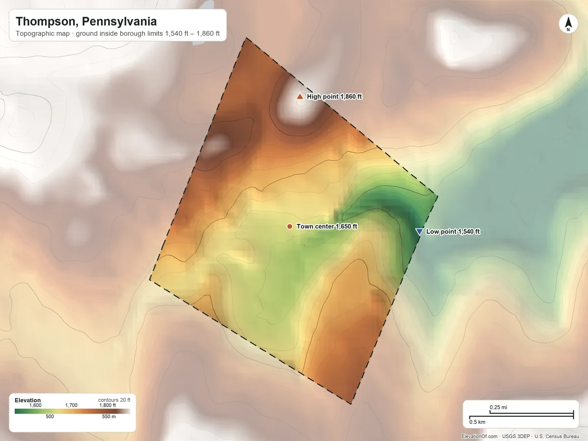 Topographic elevation map of Thompson, Pennsylvania, shaded from 1,540 ft on the east side to 1,860 ft on the north side