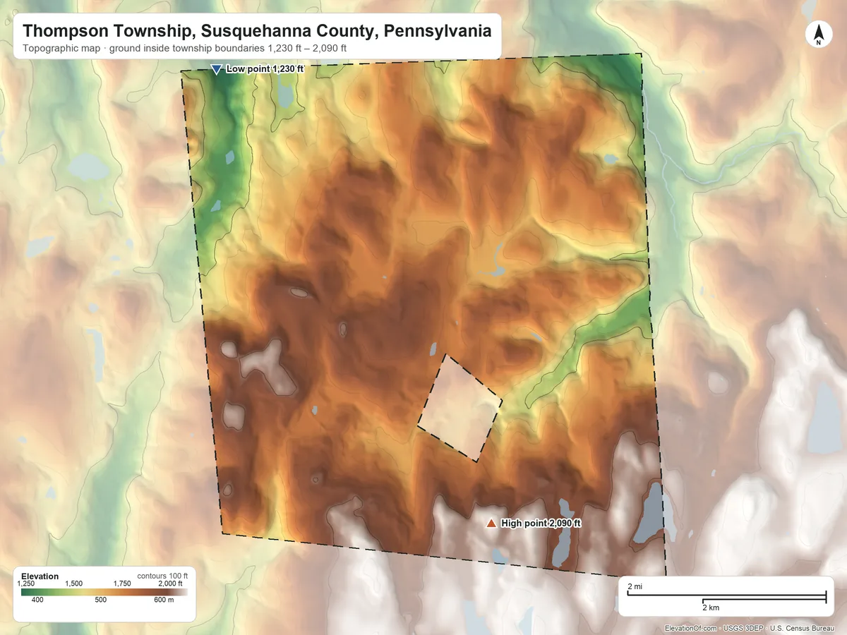 Topographic elevation map of Thompson Township, Susquehanna County, Pennsylvania, shaded from 1,230 ft on the northwest side to 2,090 ft on the southeast side