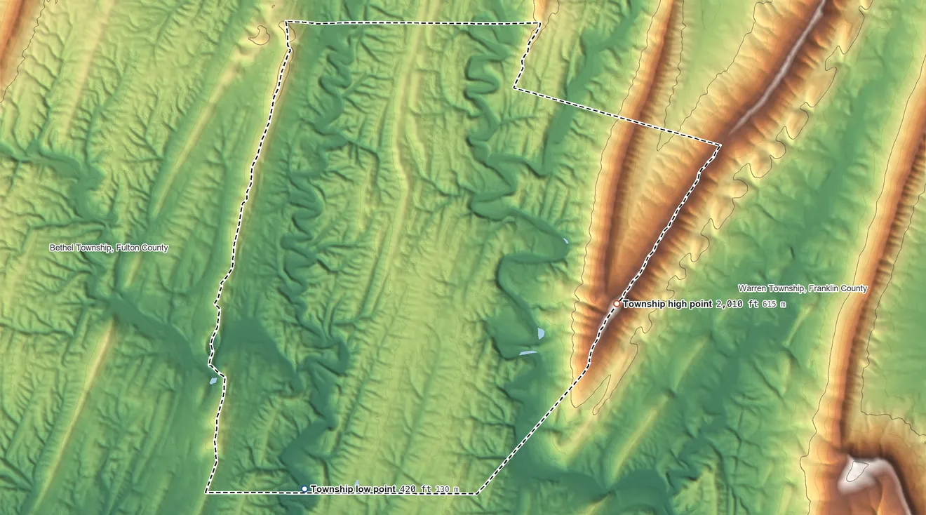 Topographic elevation map of Thompson Township, Pennsylvania, shaded from 420 ft on the south side to 2,010 ft on the east side