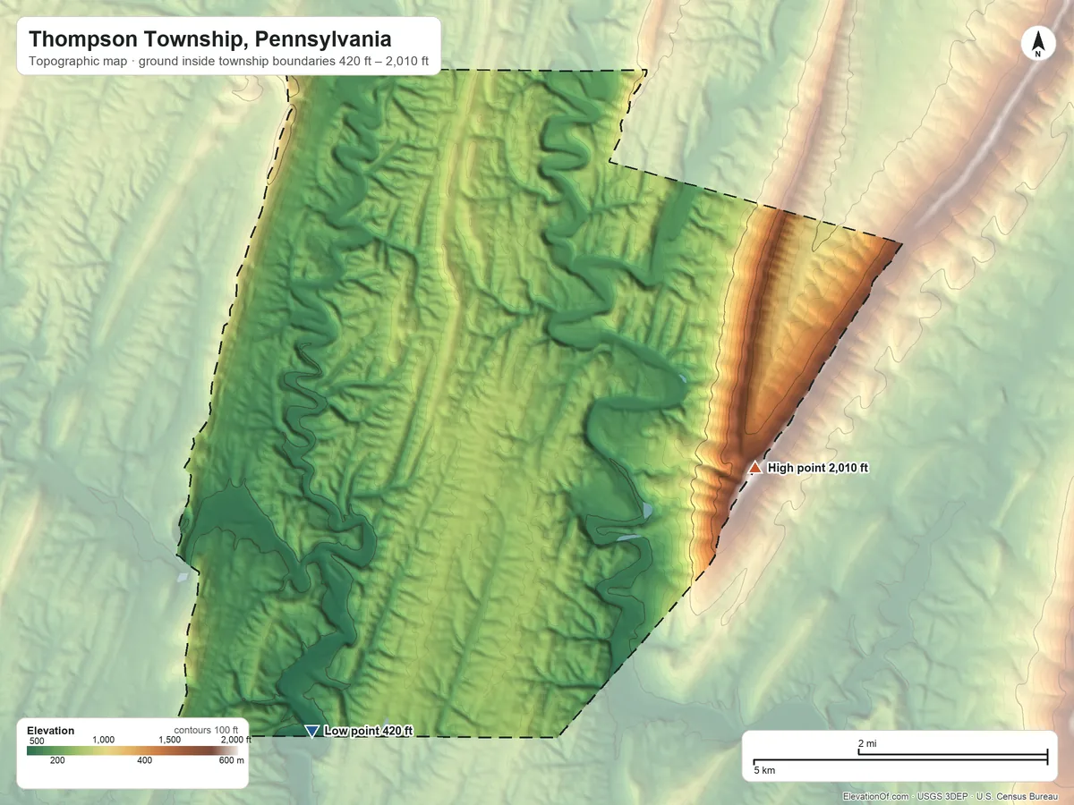 Topographic elevation map of Thompson Township, Pennsylvania, shaded from 420 ft on the south side to 2,010 ft on the east side