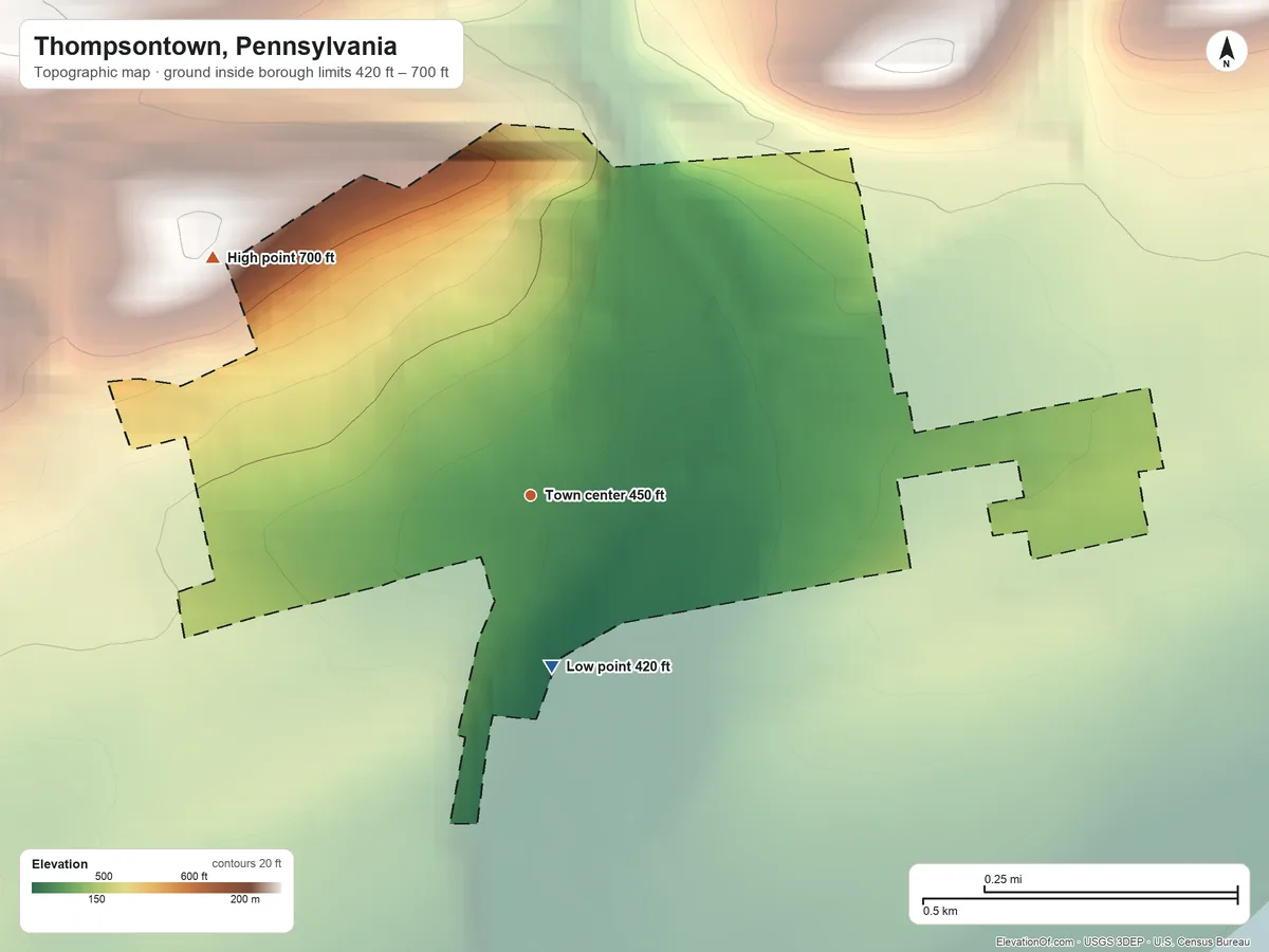Topographic elevation map of Thompsontown, Pennsylvania, shaded from 420 ft on the south side to 700 ft on the northwest edge, below higher ground just outside