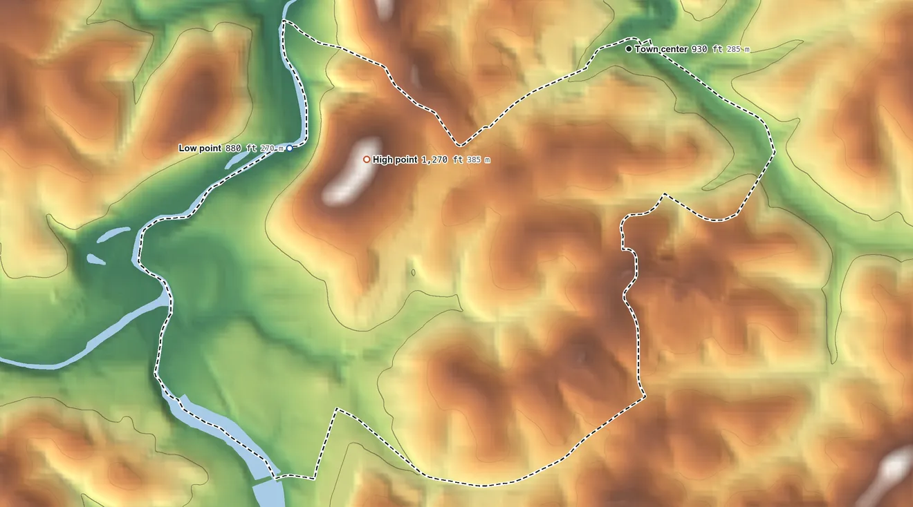 Topographic elevation map of Thompsonville, Pennsylvania, shaded from 880 ft on the west side to 1,270 ft on the southwest side