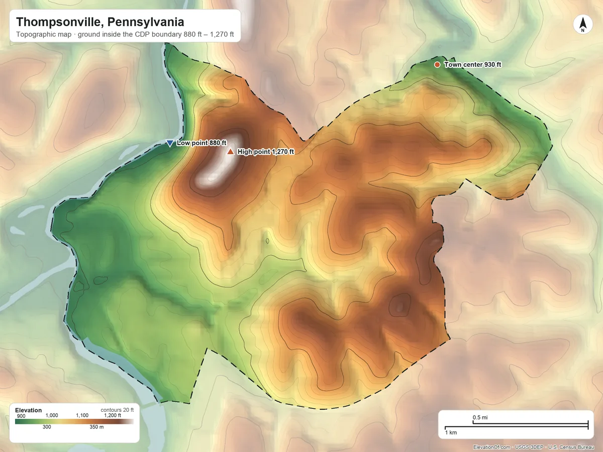 Topographic elevation map of Thompsonville, Pennsylvania, shaded from 880 ft on the west side to 1,270 ft on the southwest side
