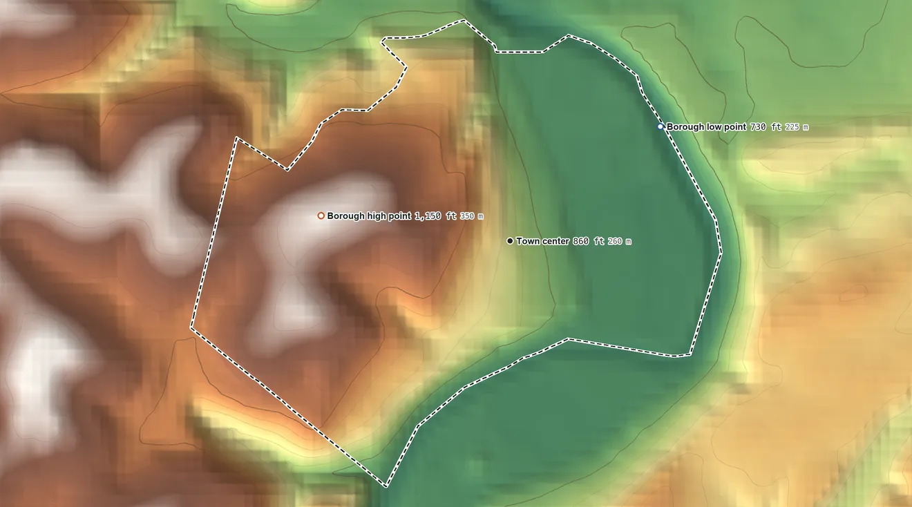 Topographic elevation map of Thornburg, Pennsylvania, shaded from 730 ft on the northeast side to 1,150 ft on the west side