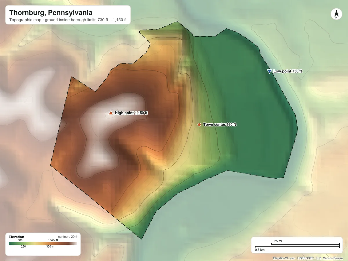 Topographic elevation map of Thornburg, Pennsylvania, shaded from 730 ft on the northeast side to 1,150 ft on the west side
