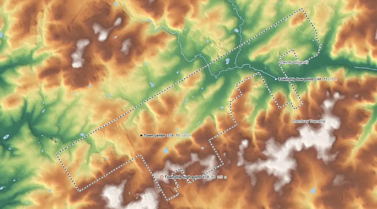 Topographic elevation map of Thornbury Township, Chester County, Pennsylvania, shaded from 240 ft on the northeast side to 470 ft on the southeast side