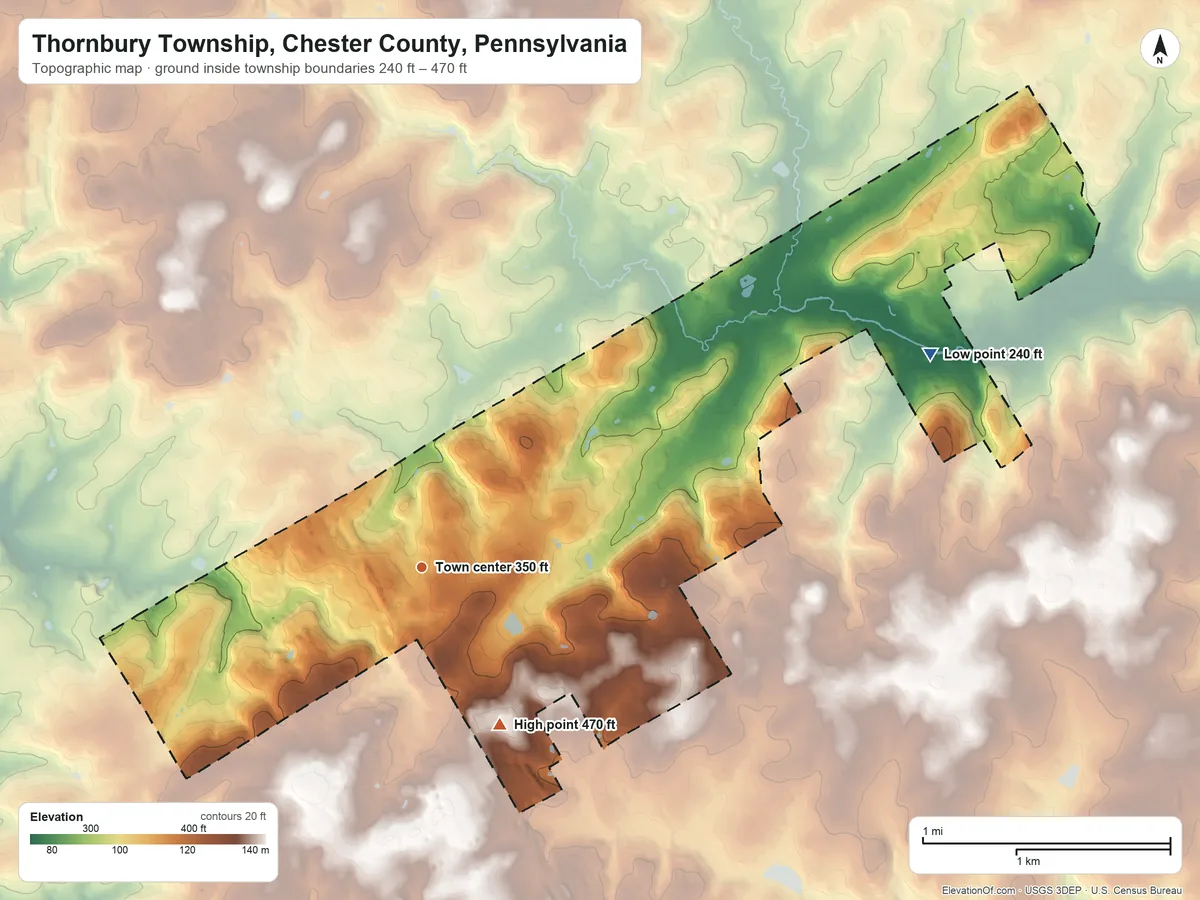 Topographic elevation map of Thornbury Township, Chester County, Pennsylvania, shaded from 240 ft on the northeast side to 470 ft on the southeast side