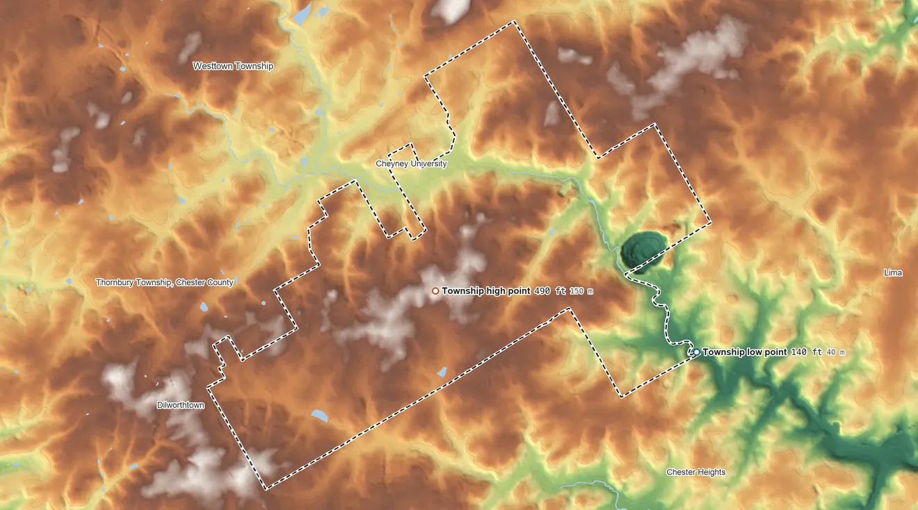 Topographic elevation map of Thornbury Township, Pennsylvania, shaded from 140 ft on the east side to 490 ft near the middle
