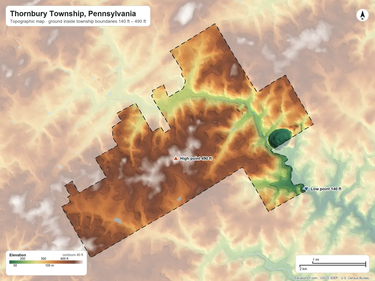 Topographic elevation map of Thornbury Township, Pennsylvania, shaded from 140 ft on the east side to 490 ft near the middle