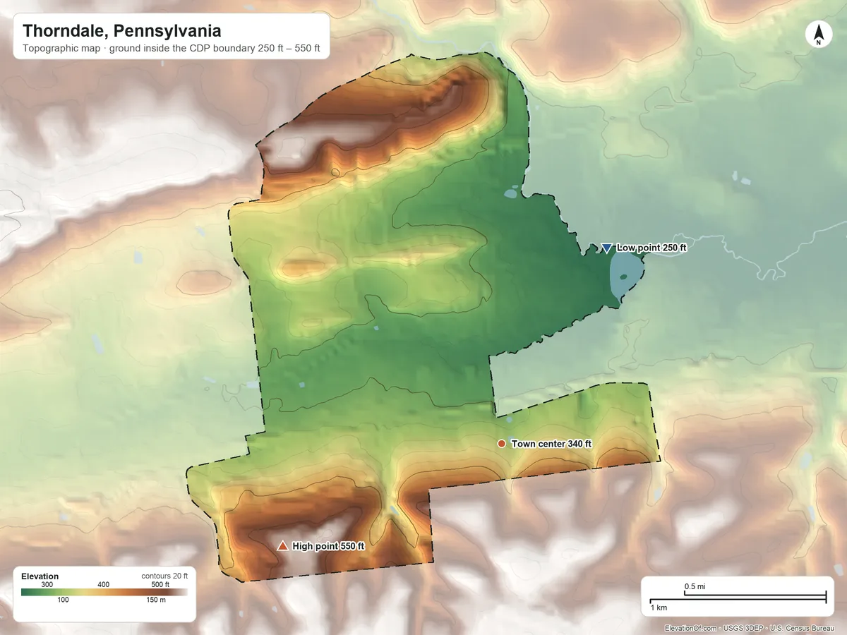 Topographic elevation map of Thorndale, Pennsylvania, shaded from 250 ft on the northeast side to 550 ft on the southwest side