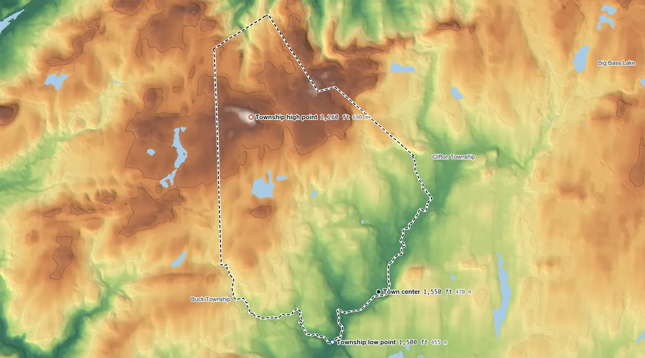 Topographic elevation map of Thornhurst Township, Pennsylvania, shaded from 1,500 ft on the southwest side to 2,260 ft on Big Pine Hill