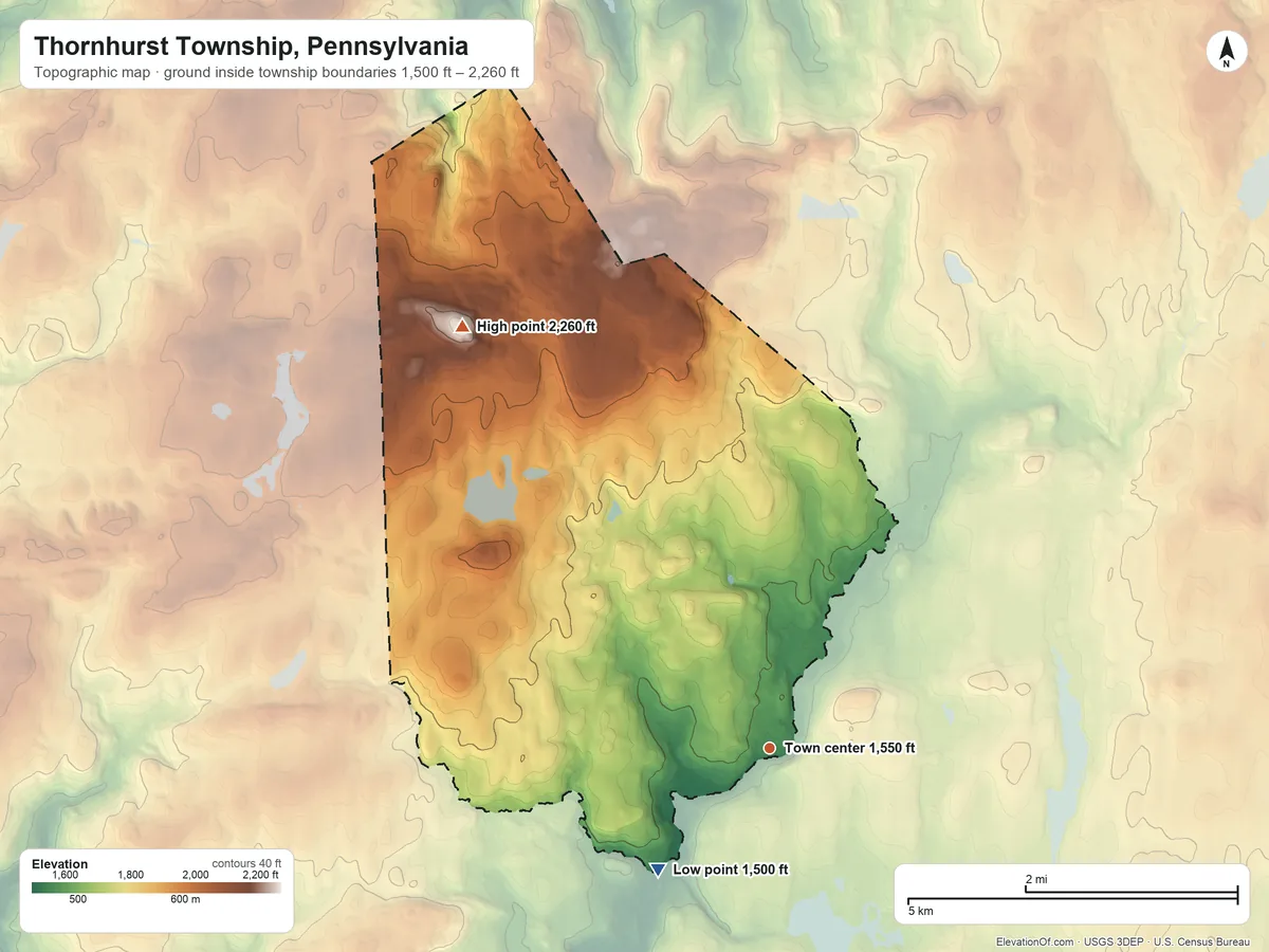 Topographic elevation map of Thornhurst Township, Pennsylvania, shaded from 1,500 ft on the southwest side to 2,260 ft on Big Pine Hill