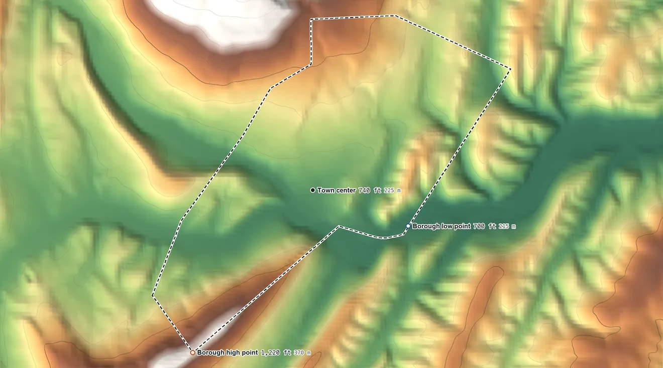Topographic elevation map of Three Springs, Pennsylvania, shaded from 700 ft on the east side to 1,220 ft on the southwest edge, below higher ground just outside