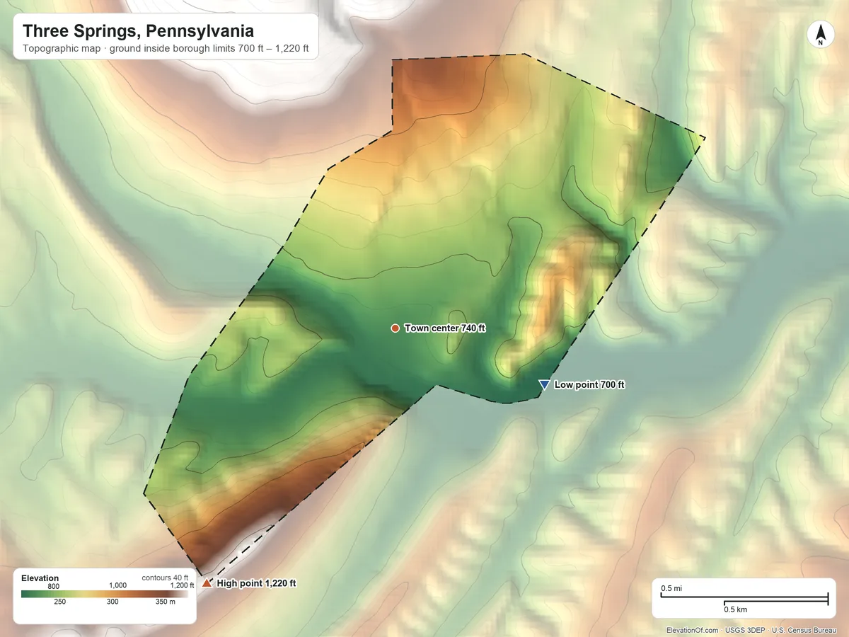 Topographic elevation map of Three Springs, Pennsylvania, shaded from 700 ft on the east side to 1,220 ft on the southwest edge, below higher ground just outside