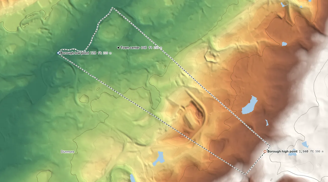 Topographic elevation map of Throop, Pennsylvania, shaded from 720 ft on the west side to 1,940 ft on the southeast side