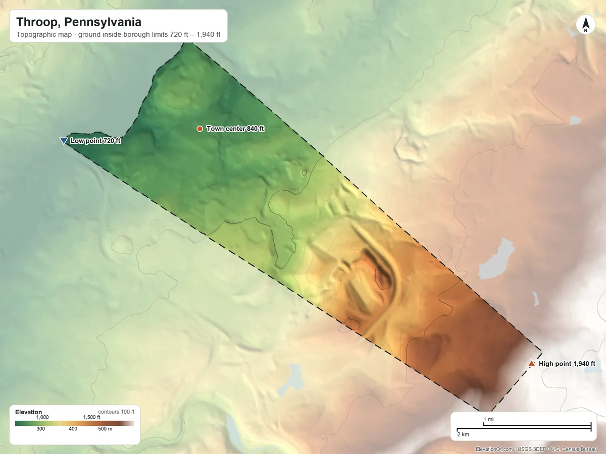Topographic elevation map of Throop, Pennsylvania, shaded from 720 ft on the west side to 1,940 ft on the southeast side