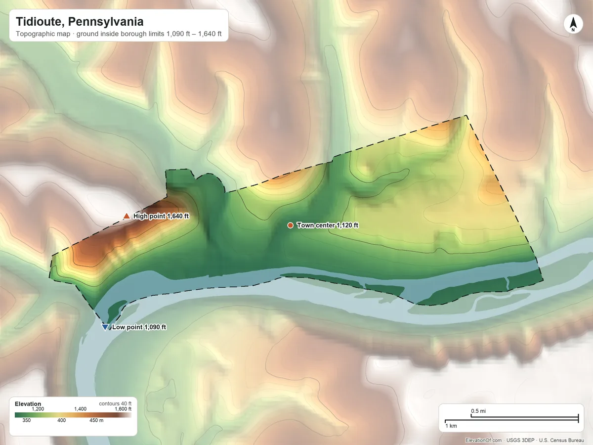 Topographic elevation map of Tidioute, Pennsylvania, shaded from 1,090 ft on the southwest side to 1,640 ft on the west side