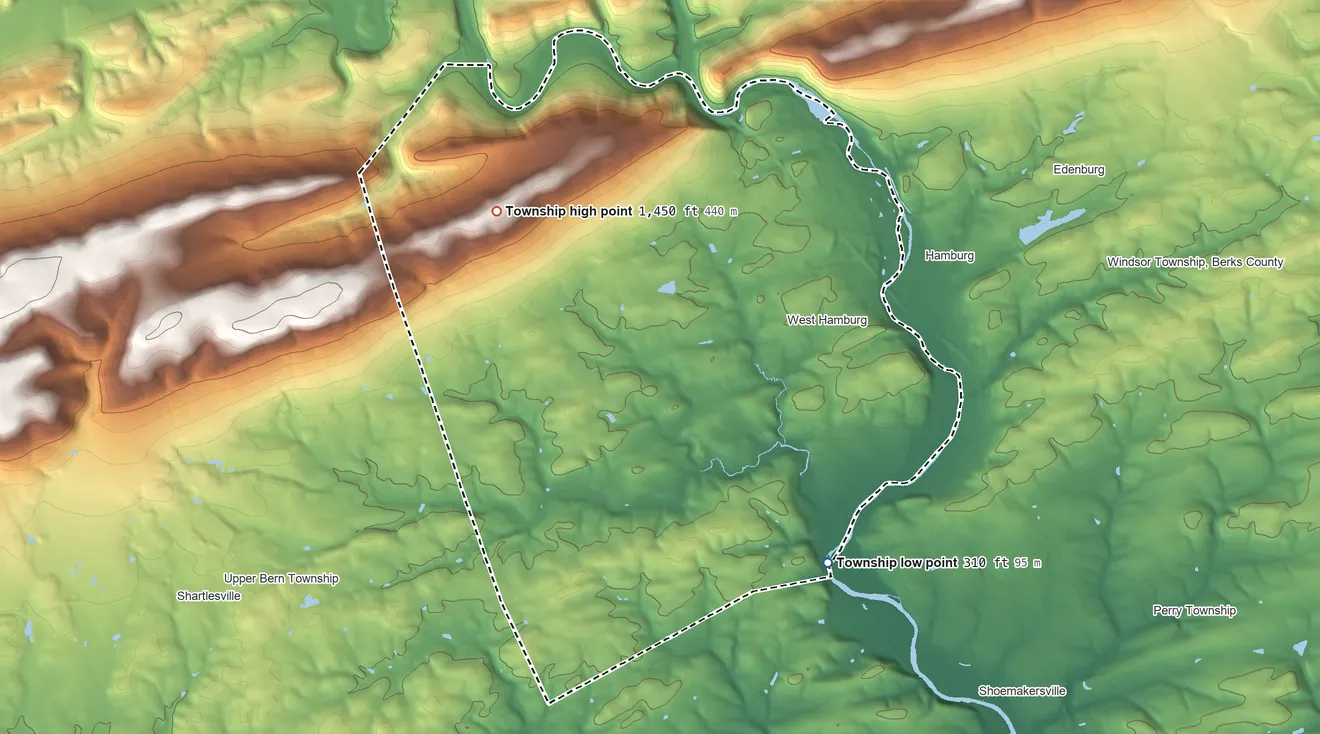 Topographic elevation map of Tilden Township, Pennsylvania, shaded from 310 ft on the southeast side to 1,450 ft on the northwest side