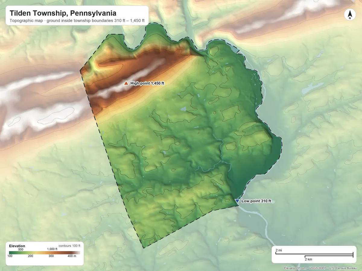 Topographic elevation map of Tilden Township, Pennsylvania, shaded from 310 ft on the southeast side to 1,450 ft on the northwest side