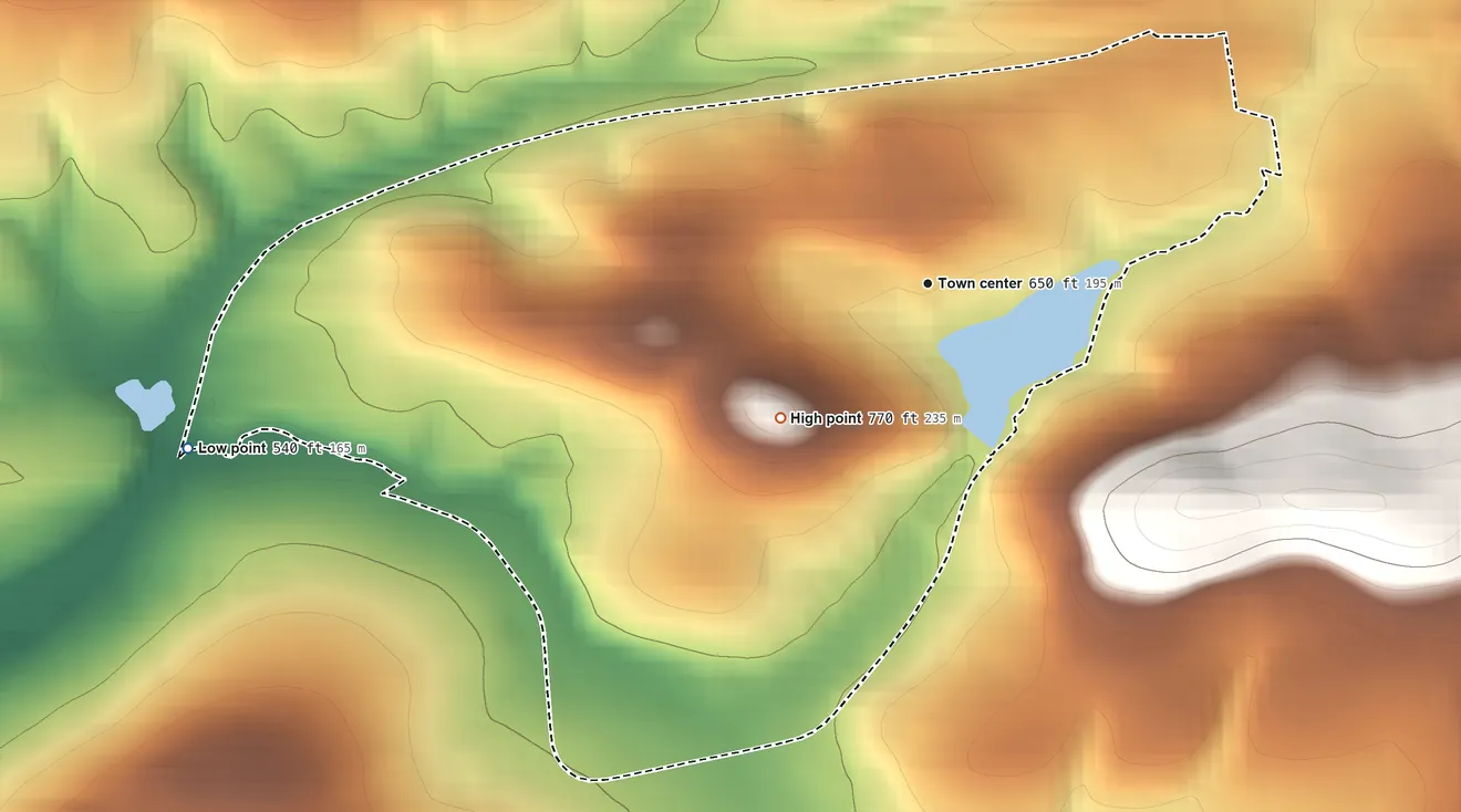 Topographic elevation map of Timber Hills, Pennsylvania, shaded from 540 ft on the west side to 770 ft on Conewago Hill