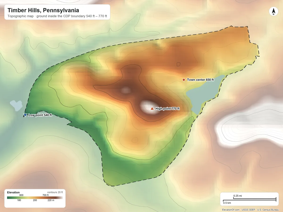 Topographic elevation map of Timber Hills, Pennsylvania, shaded from 540 ft on the west side to 770 ft on Conewago Hill