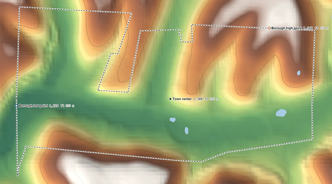 Topographic elevation map of Timblin, Pennsylvania, shaded from 1,220 ft on the west side to 1,540 ft on the northeast side
