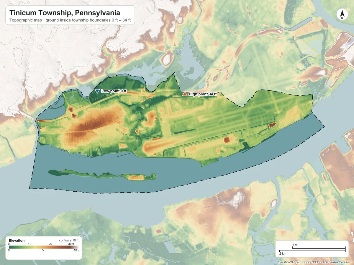 Topographic elevation map of Tinicum Township, Pennsylvania, shaded from 0 ft near the middle to 34 ft on the east side