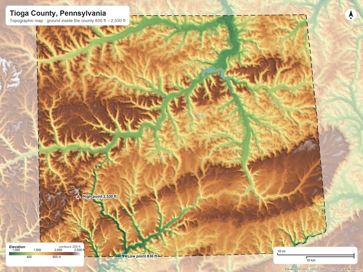 Topographic elevation map of Tioga County, Pennsylvania, shaded from 830 ft on the southwest side to 2,530 ft on Cedar Mountain