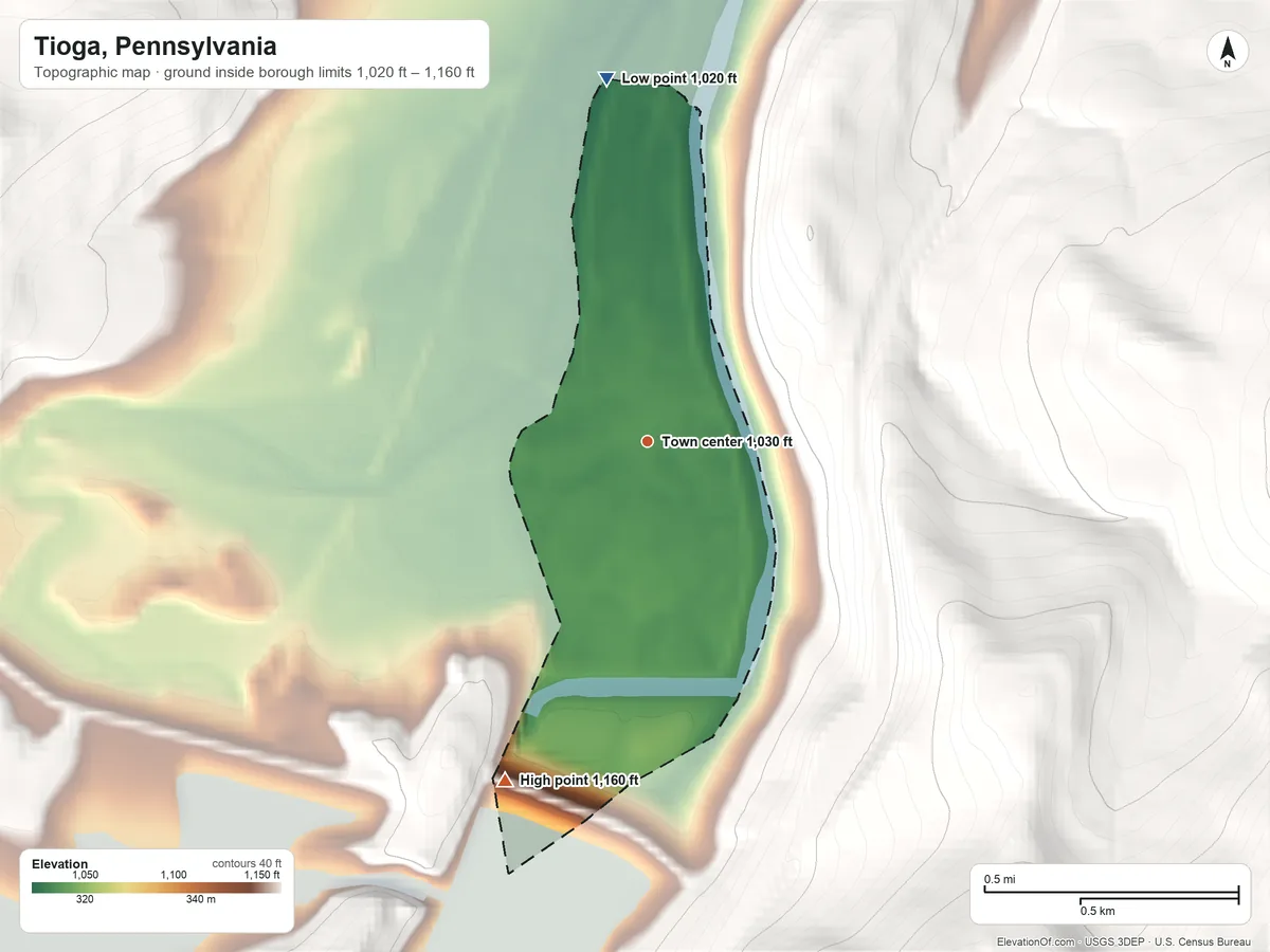 Topographic elevation map of Tioga, Pennsylvania, shaded from 1,020 ft on the north side to 1,160 ft on the southwest edge, below higher ground just outside