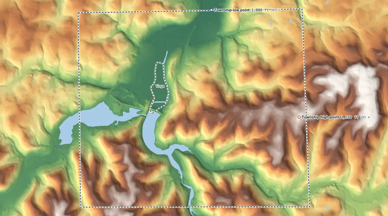 Topographic elevation map of Tioga Township, Pennsylvania, shaded from 1,000 ft on the northeast side to 2,240 ft on the southeast side