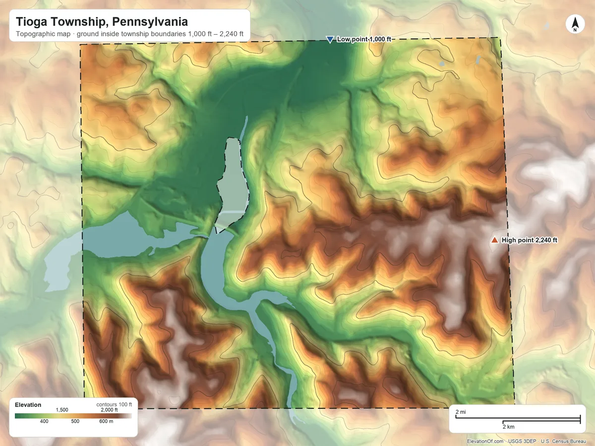 Topographic elevation map of Tioga Township, Pennsylvania, shaded from 1,000 ft on the northeast side to 2,240 ft on the southeast side