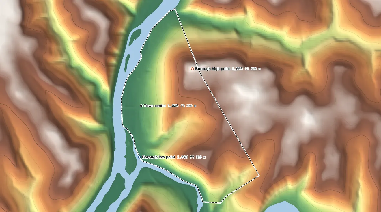 Topographic elevation map of Tionesta, Pennsylvania, shaded from 1,040 ft on the south side to 1,660 ft on the northeast side