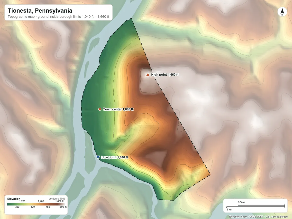 Topographic elevation map of Tionesta, Pennsylvania, shaded from 1,040 ft on the south side to 1,660 ft on the northeast side