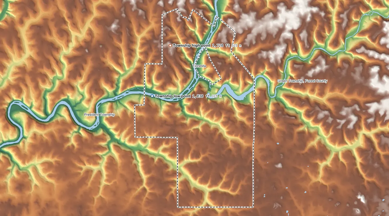 Topographic elevation map of Tionesta Township, Pennsylvania, shaded from 1,030 ft on the west side to 1,720 ft on the northwest side