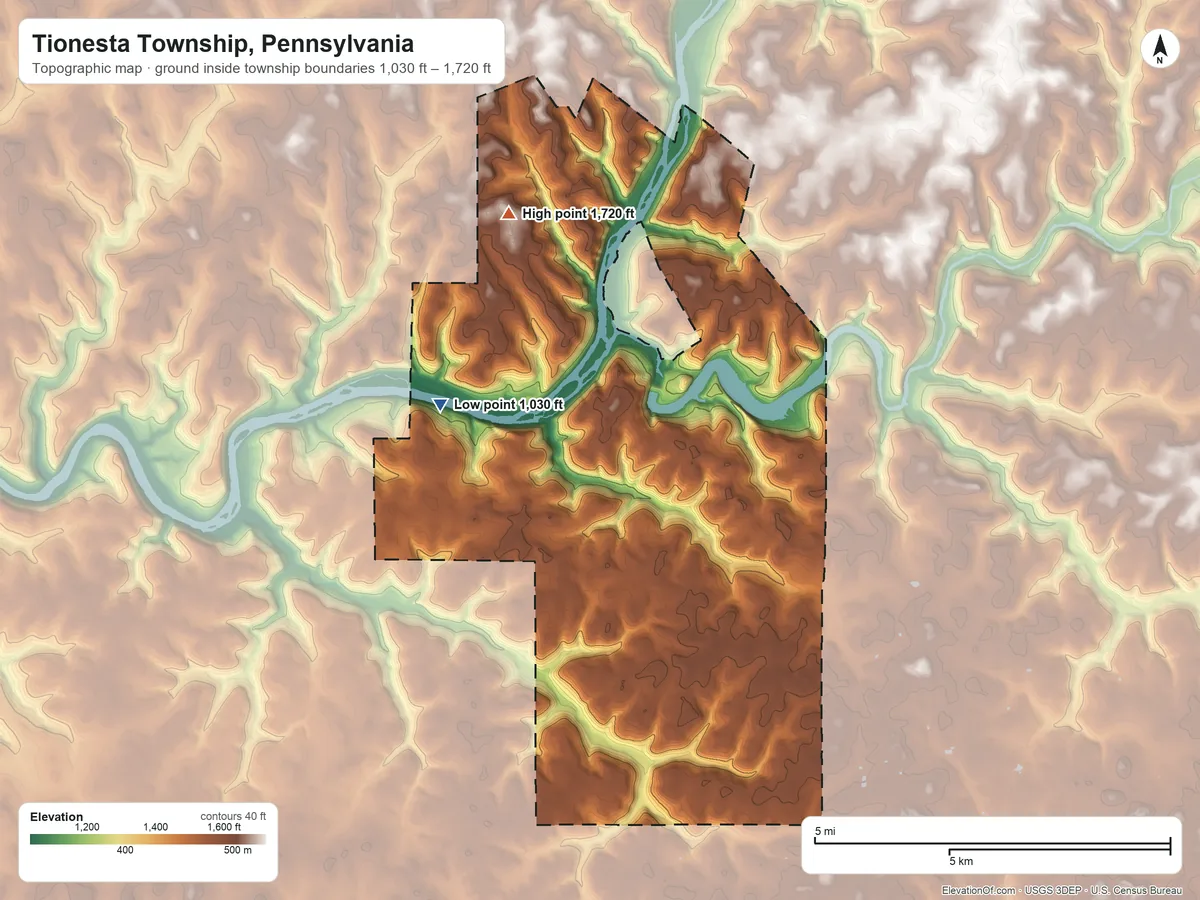 Topographic elevation map of Tionesta Township, Pennsylvania, shaded from 1,030 ft on the west side to 1,720 ft on the northwest side