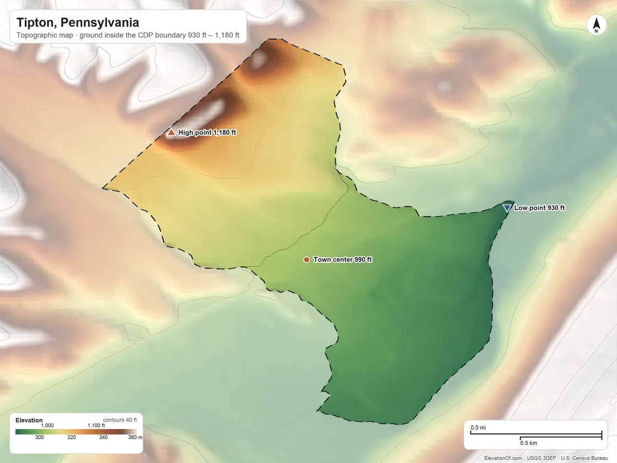 Topographic elevation map of Tipton, Pennsylvania, shaded from 930 ft on the east side to 1,180 ft on the northwest edge, below higher ground just outside