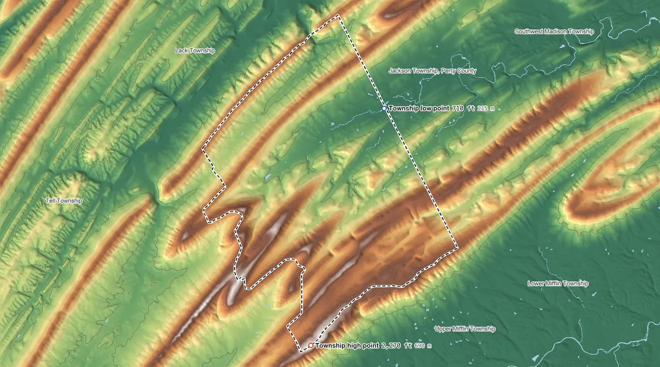 Topographic elevation map of Toboyne Township, Pennsylvania, shaded from 710 ft on the east side to 2,270 ft on the south side