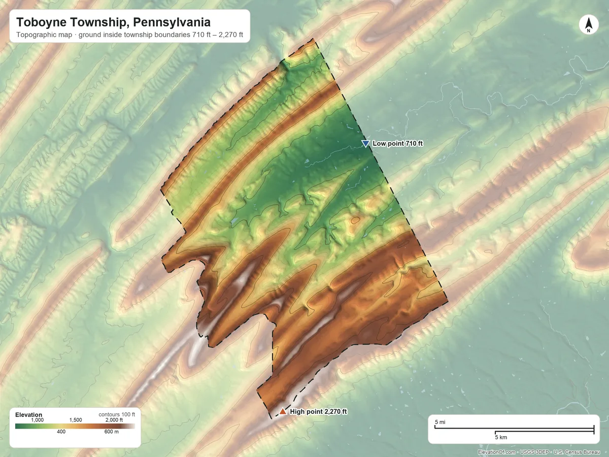 Topographic elevation map of Toboyne Township, Pennsylvania, shaded from 710 ft on the east side to 2,270 ft on the south side