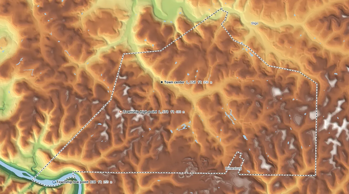 Topographic elevation map of Toby Township, Pennsylvania, shaded from 830 ft on the southwest side to 1,570 ft on the southwest side