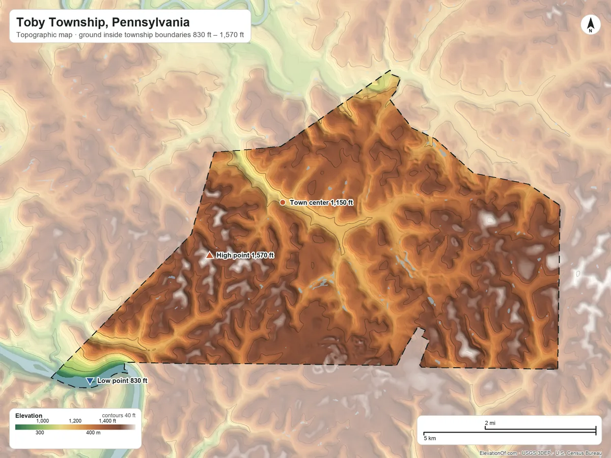 Topographic elevation map of Toby Township, Pennsylvania, shaded from 830 ft on the southwest side to 1,570 ft on the southwest side