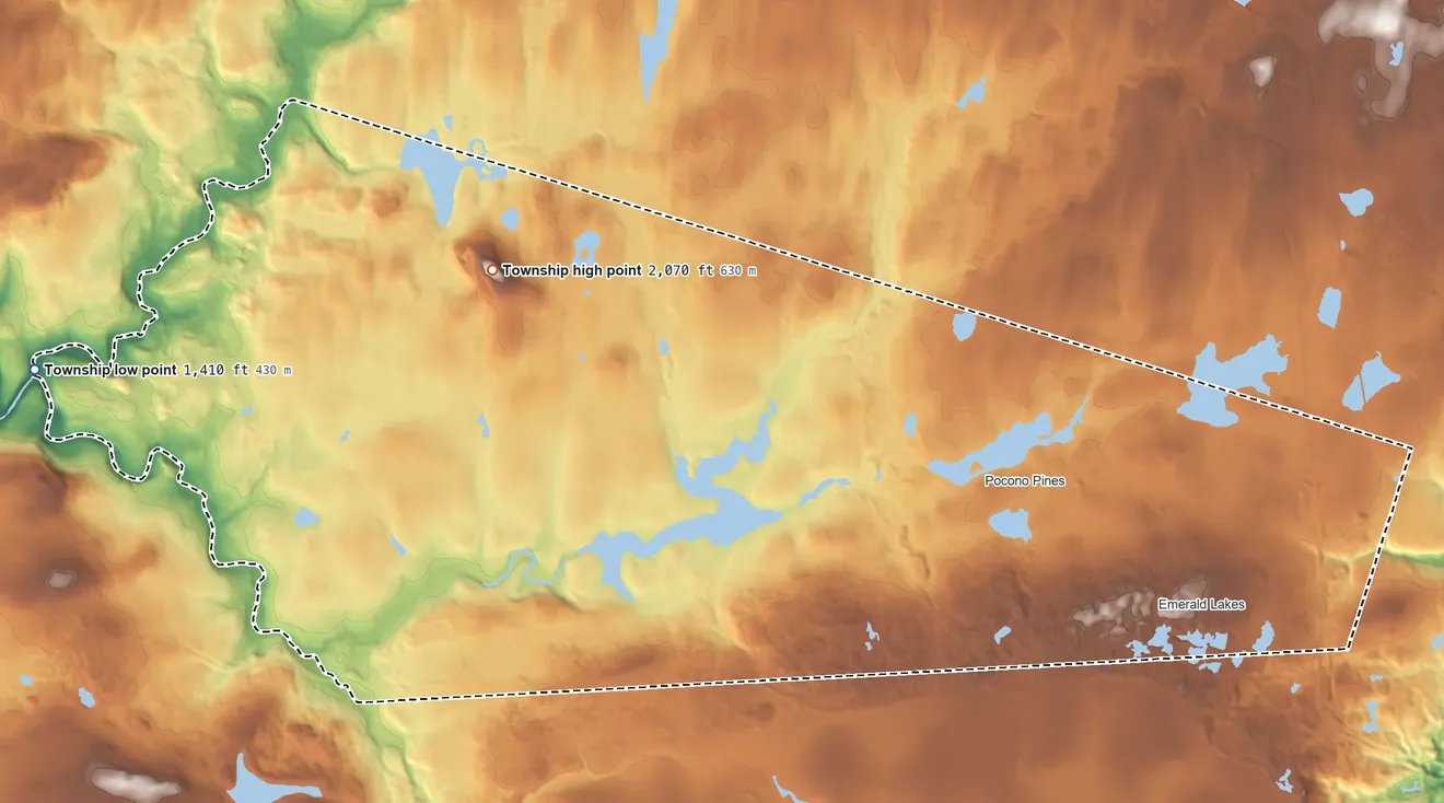 Topographic elevation map of Tobyhanna Township, Pennsylvania, shaded from 1,410 ft on the west side to 2,070 ft on the northwest side