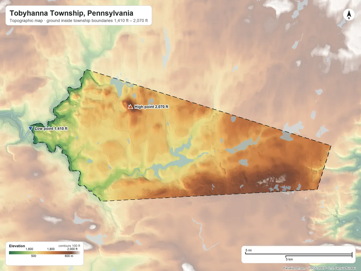Topographic elevation map of Tobyhanna Township, Pennsylvania, shaded from 1,410 ft on the west side to 2,070 ft on the northwest side