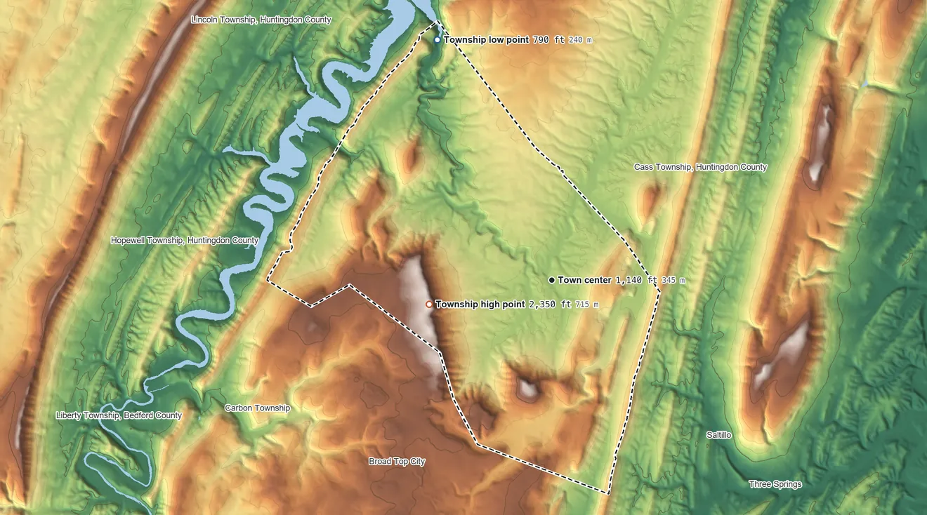 Topographic elevation map of Todd Township, Huntingdon County, Pennsylvania, shaded from 790 ft on the northwest side to 2,350 ft on the west side