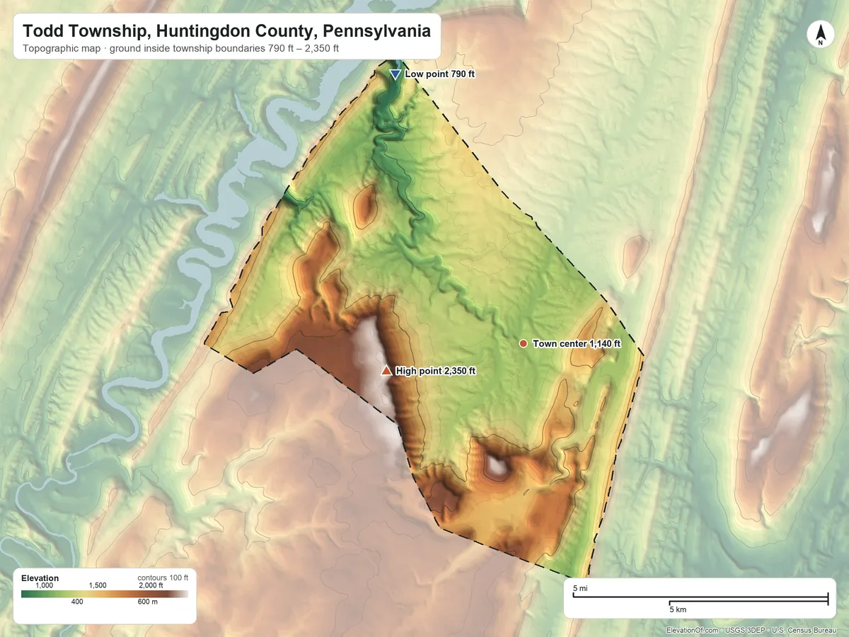 Topographic elevation map of Todd Township, Huntingdon County, Pennsylvania, shaded from 790 ft on the northwest side to 2,350 ft on the west side
