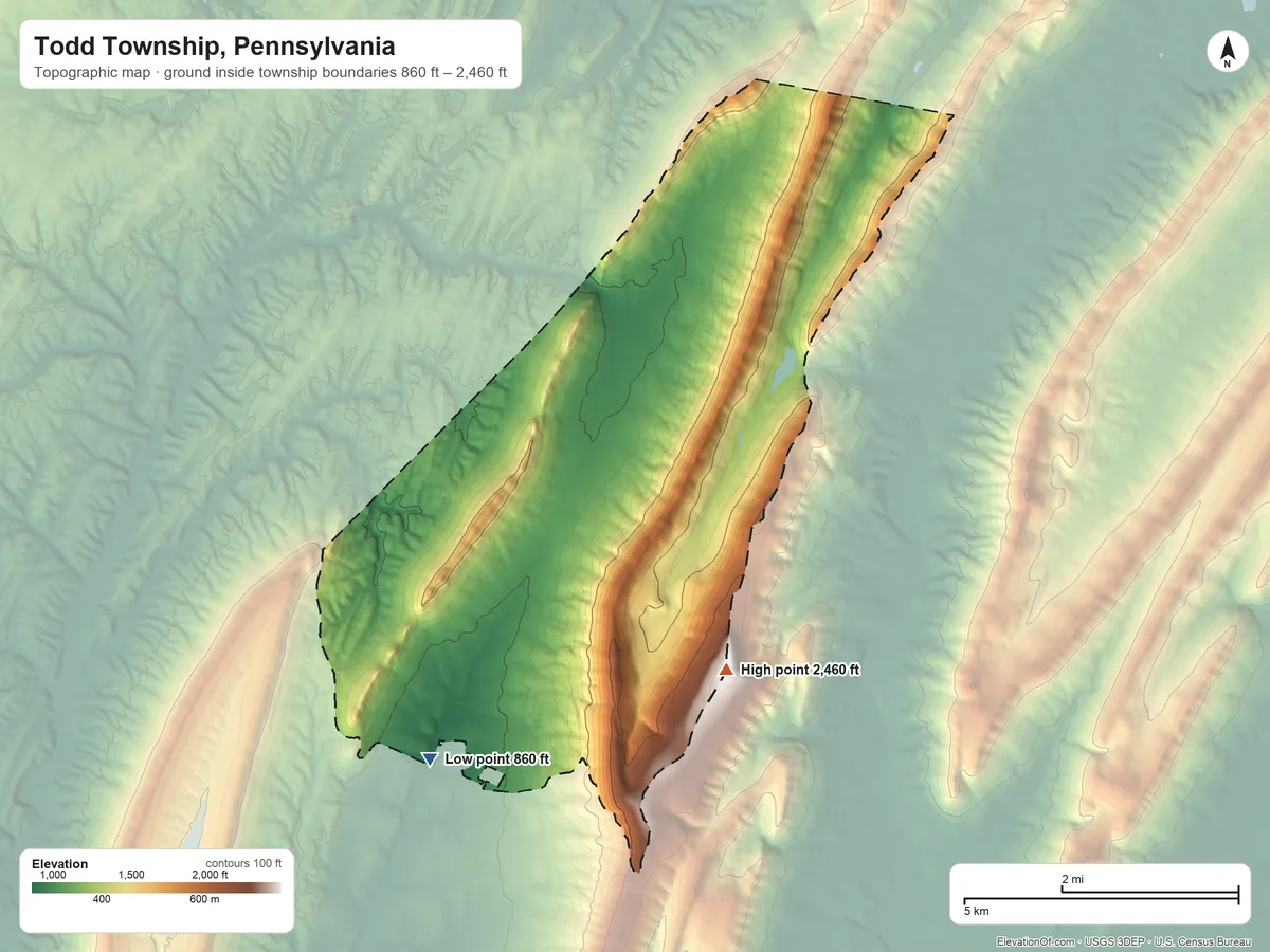 Topographic elevation map of Todd Township, Pennsylvania, shaded from 860 ft on the southwest side to 2,460 ft on Big Mountain