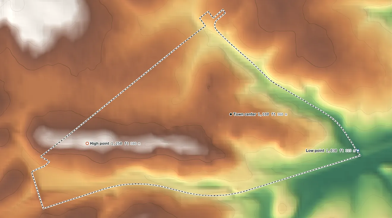 Topographic elevation map of Toftrees, Pennsylvania, shaded from 1,030 ft on the east side to 1,250 ft on the west side