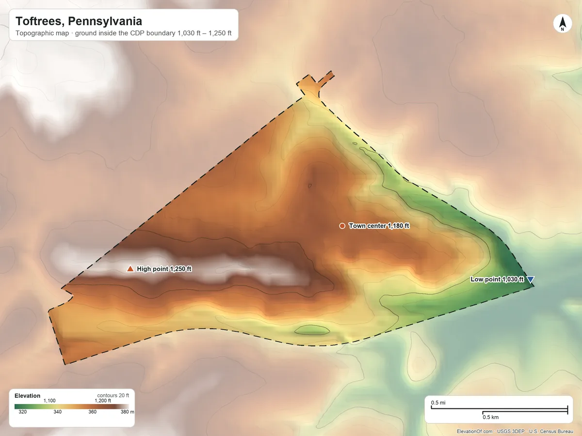Topographic elevation map of Toftrees, Pennsylvania, shaded from 1,030 ft on the east side to 1,250 ft on the west side
