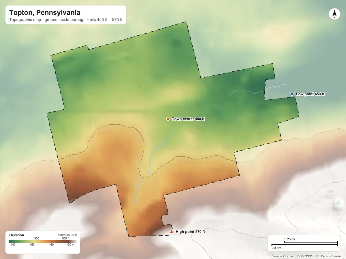 Topographic elevation map of Topton, Pennsylvania, shaded from 450 ft on the east side to 570 ft on the south edge, below higher ground just outside