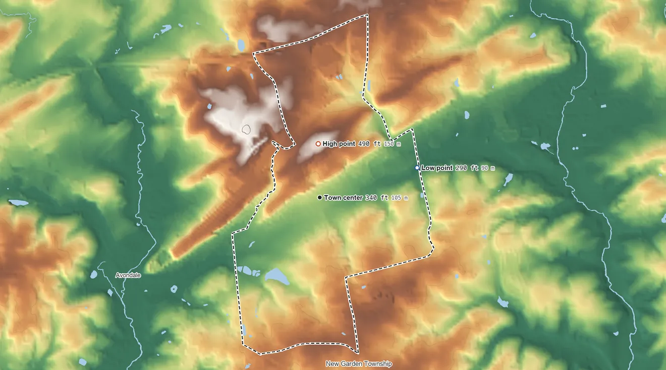 Topographic elevation map of Toughkenamon, Pennsylvania, shaded from 290 ft on the east side to 490 ft on the north side