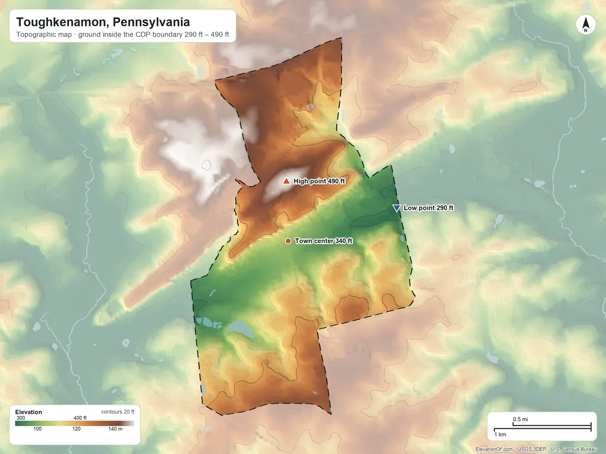 Topographic elevation map of Toughkenamon, Pennsylvania, shaded from 290 ft on the east side to 490 ft on the north side